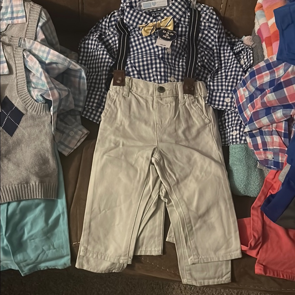 Plaid Shirt with Suspenders and Cream Pants